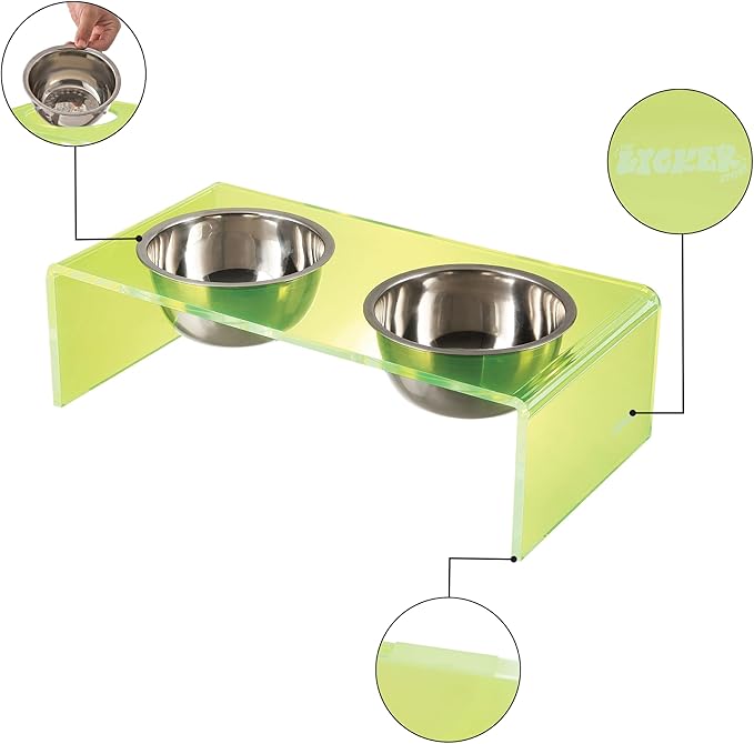 The LICKER Store DBL2000G Keaton 5" Small/Medium Modern Acrylic Rectangular Elevated Pet Feeder with 20oz 2-Stainless Steel Bowls, Green/Chrome