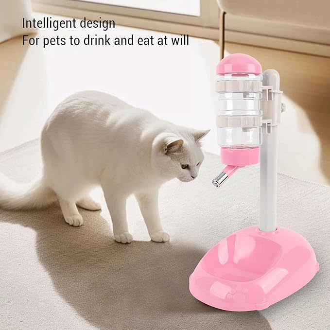 Pet Standing Water Dispenser, Height Adjustable Automatic Water Feeder Food Feeder Bowl, 500ml Dog Water Bottle Dispenser, Dog Cat Feeding Water Bowl Set (Pink)