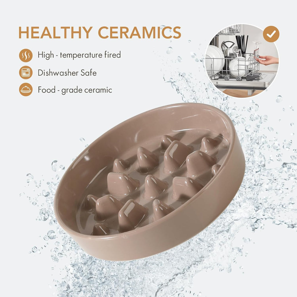 Ceramic Raised Slow Feeder Dog Bowl Set, Elevated 7.3inch Bowl and 8.2inch Slow Pet Food Dish with Wooden Stand for Medium and Large Dog (2 x Brown Coffee+ Stand)