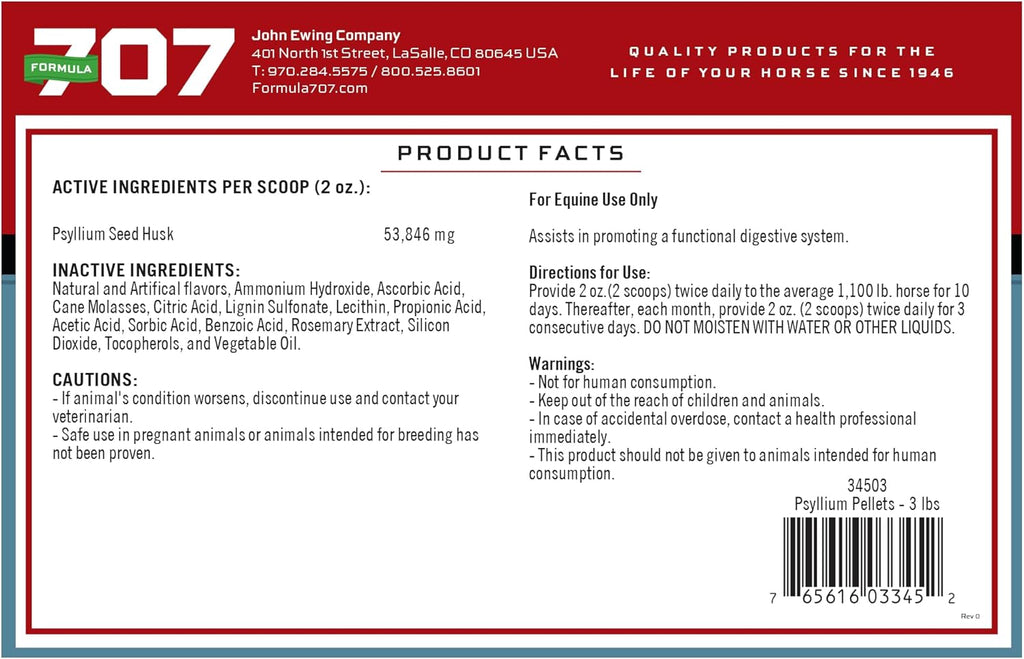 Formula 707 Psyllium Pellets Equine Supplement (3lb Jar - 12 Day Supply)