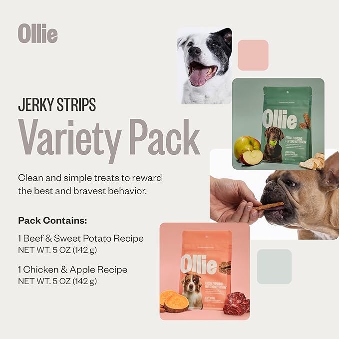 Ollie Jerky Dog Treats Variety Pack, Chicken and Apple and Beef and Sweet Potato Bundle, All Natural, Healthy, Made with Real Meat 10 Oz. Pack of 2