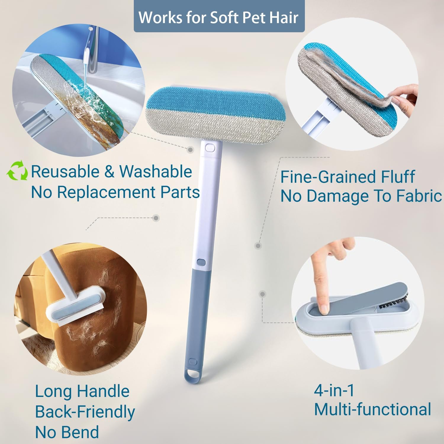 Pet Hair Remover for Furniture, Reusable Multifunctional Cat and Dog Hair Removal Tool, 17-Inch, Extra Long Handle, Gentle on Couch, Carpet, Clothes, Bedding, Tile, Car Seats