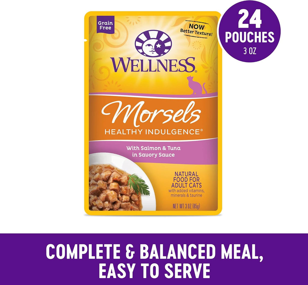 Wellness Healthly Indulgence Morsels Adult Wet Cat Food, Natural, Protein-Rich, Grain Free, 3 Ounce Pouch, 24 Pack, (Salmon & Tuna)