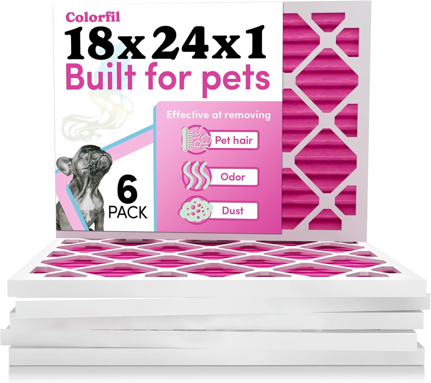 Colorfil 18x24x1 Air Filter (6-Pack) | Made in the USA | Color Changing | Remove Cat and Dog Odor | MERV 8 for Pet Hair Dander and Dust | 17.5"x23.5"x0.75" Exact Size