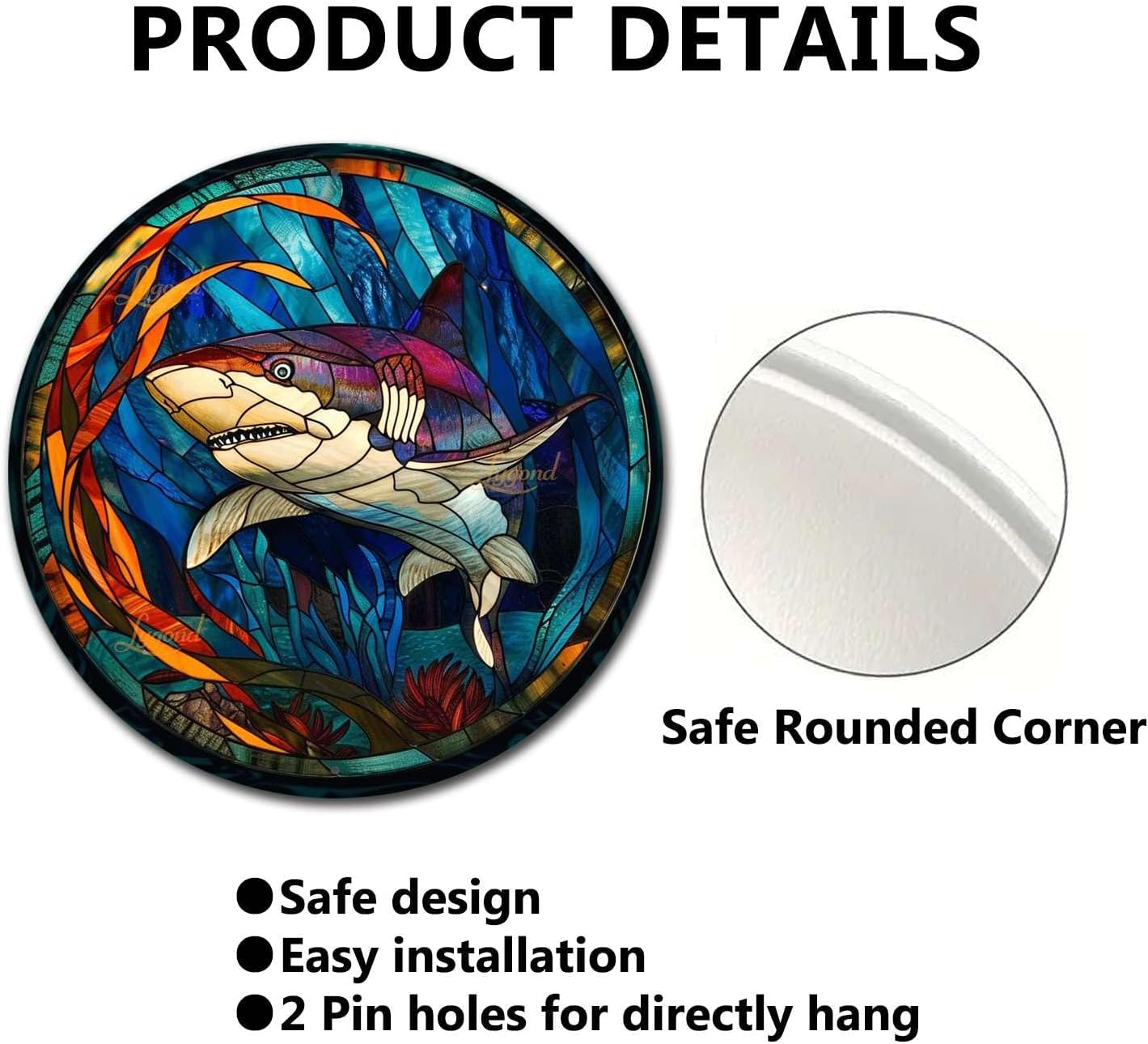 Lygond Metal Shark Tin Sign - Stained Glass Style, 8x8 Inches
