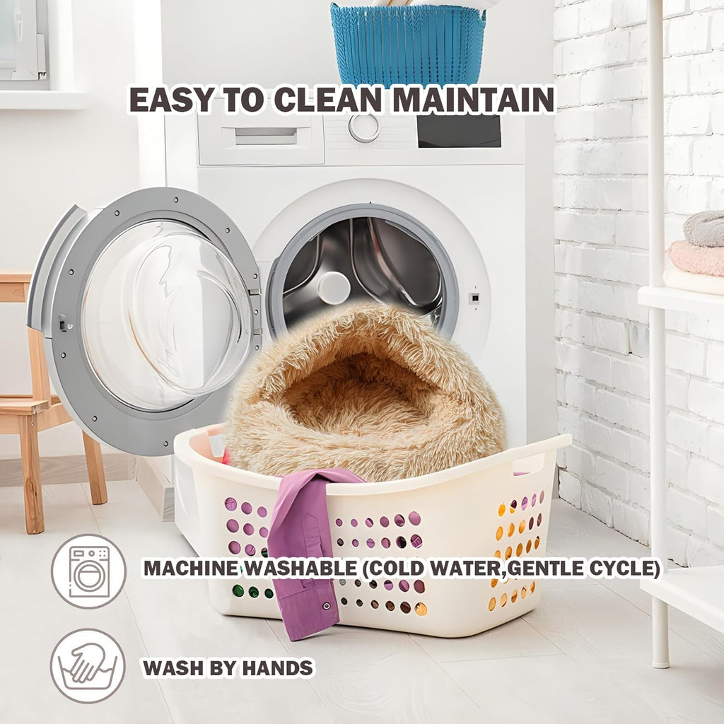 Cat Bed for Indoor Cats, Calming Cozy Cave with Self-Warming Plush, Entire Bed Machine Washable & Anti-Slip Base, Breathable Pet Bed for Small Cats&Dogs All Seasons (Apricot Color, 24 * 24inch)