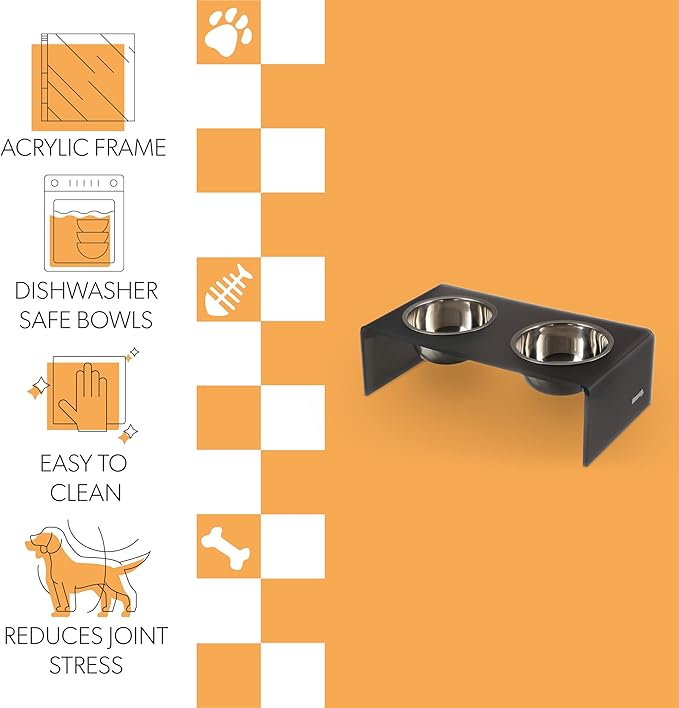 The LICKER Store DBL2000J Keaton 5" Small/Medium Modern Acrylic Rectangular Elevated Pet Feeder with 20oz 2-Stainless Steel Bowls, Dark Gray/Chrome