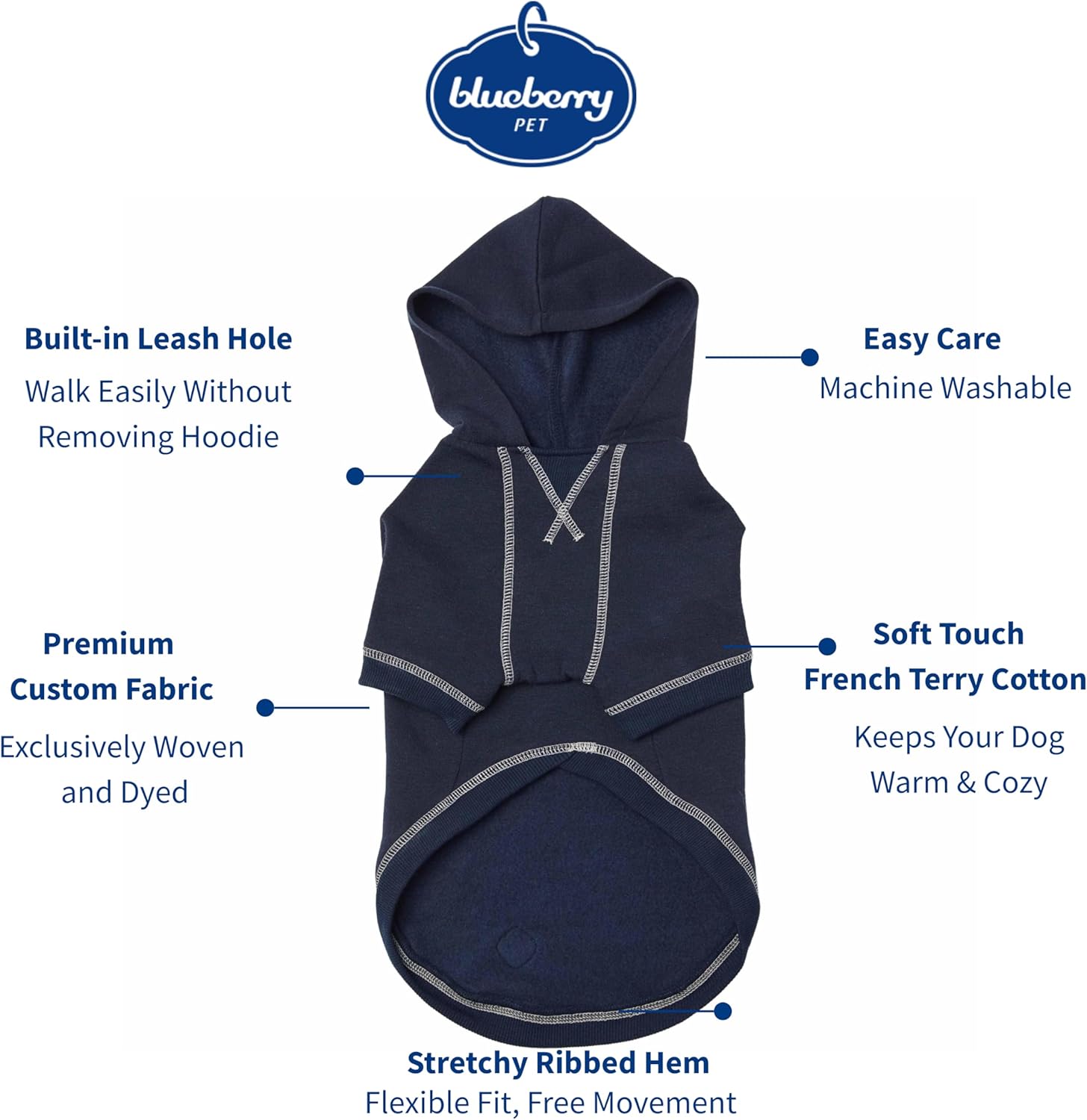 Blueberry Pet Essentials Dog Hoodie – 20 inch, Cotton‑Blend Sweatshirt with Hood, Midnight Blue, Machine‑Washable Small‑Dog Jersey