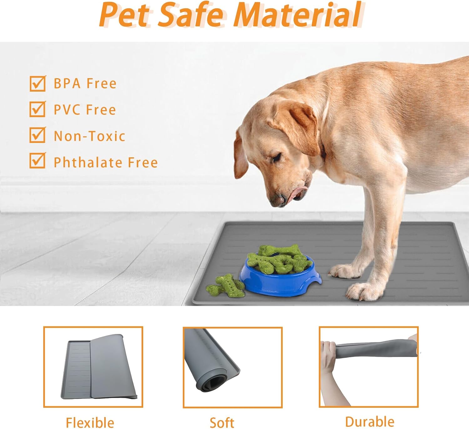 24" x 16" Dog Food Mat, Silicone Pet Mats for Food and Water, Nonslip Pet Feeding Mats for Floors, Dog Cat Bowl Mat with Raised Edges, Light Gray