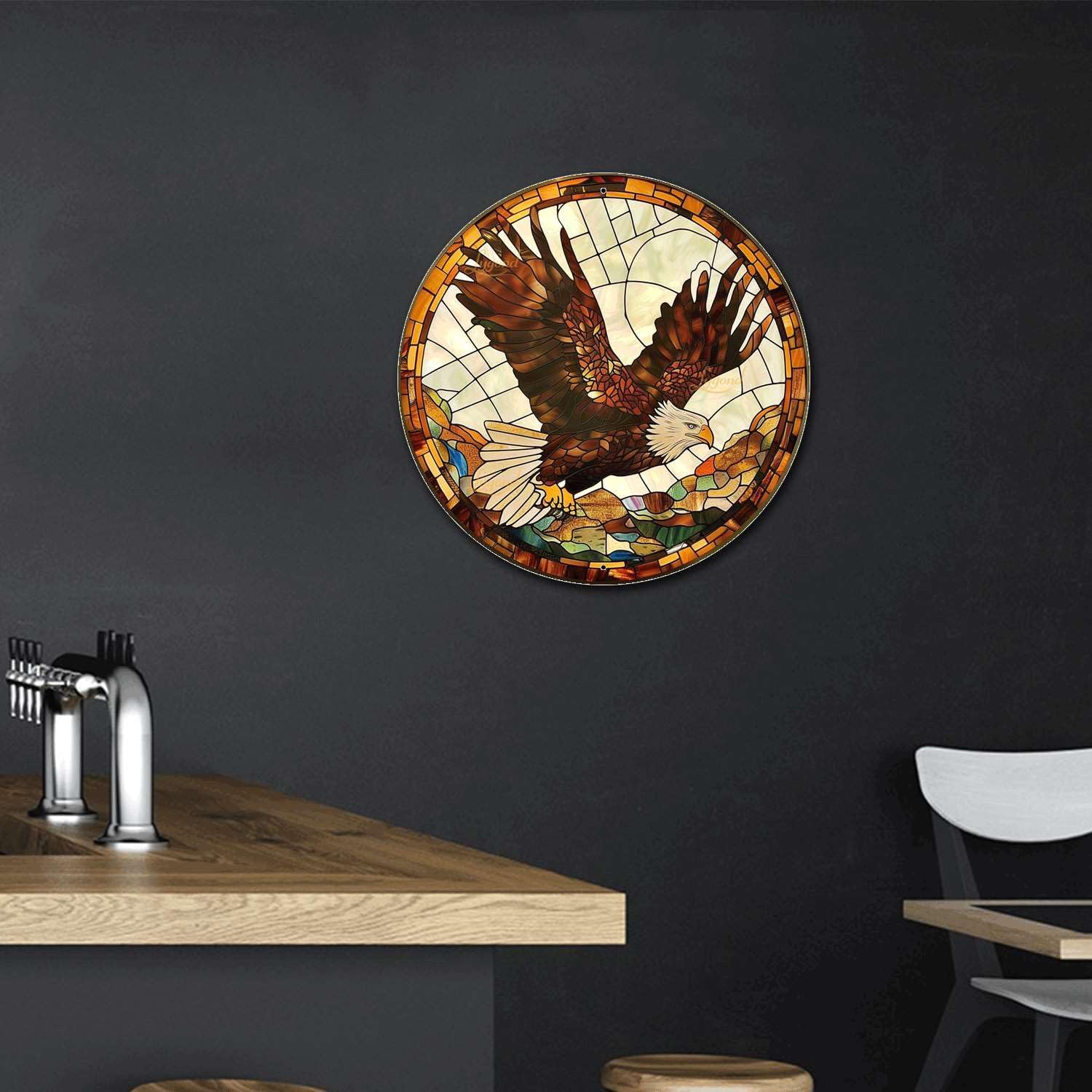 Lygond Metal Sign Tin Sign Circular Stained Glass Eagle Minimalist Wall Art For Gift 12×12 Inches