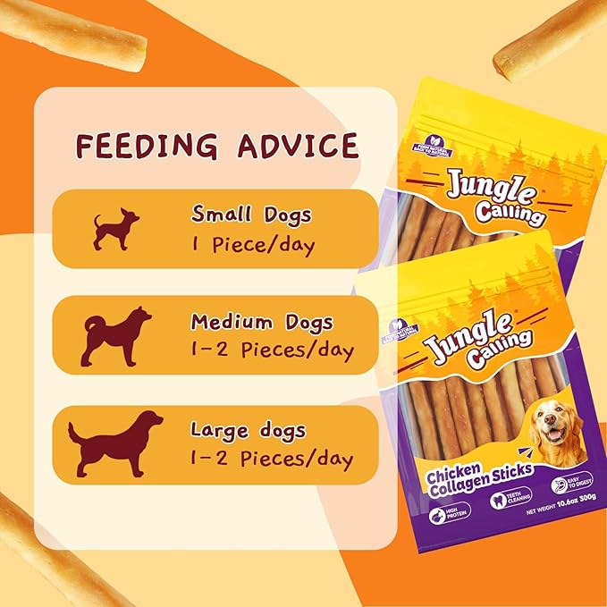 Jungle Calling Collagen Sticks for Dogs, Chicken Flavored Chews, Long Lasting Rawhide Alternative Treats for Small Medium Dog, Healthy Chew Bones, 5 Inch, About 37 Sticks Per Bag