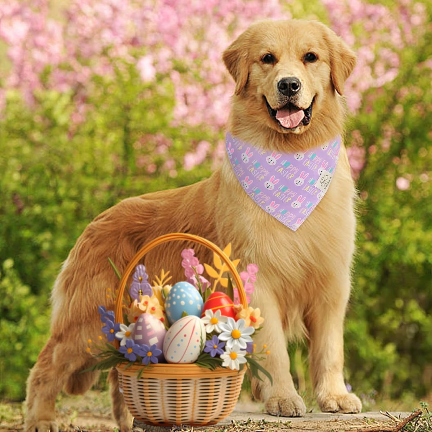 E-Clover Easter Dog Bandana & Matching Scrunchie-Bunny Dog Bandanas Pet Scarf Bib for Medium Large Dogs Girl Boy Owner Gift Purple