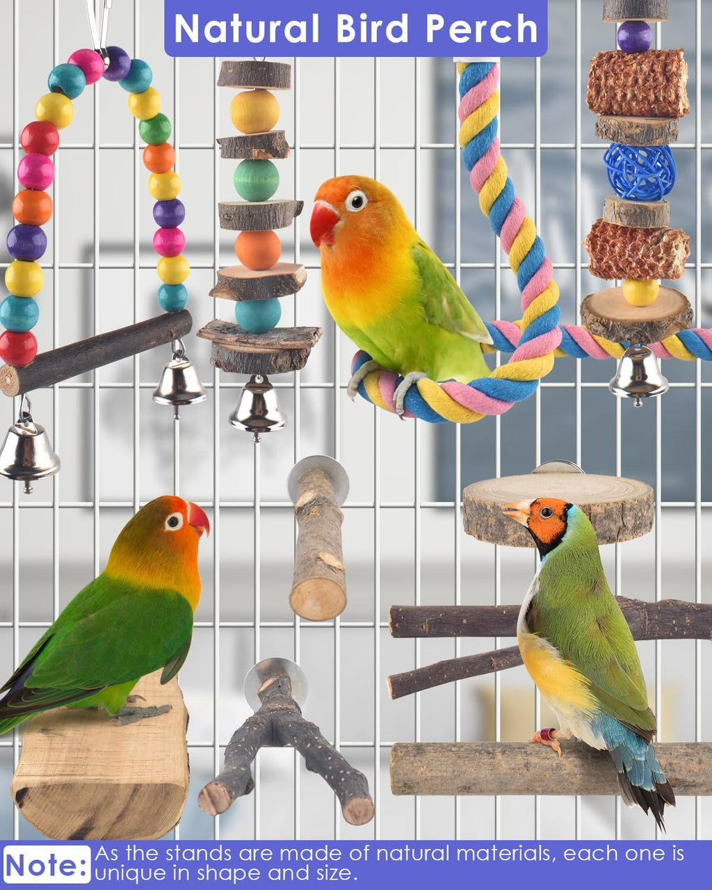 Bissap 10 PCS Bird Chew Toys, Parakeet Natural Wood Parrot Hanging Cage Toy Swing Rope Paw Fork Perch Stand Platform for Small Birds Conure Cockatiel Parrotlet Lovebird Budgie Exercise Training