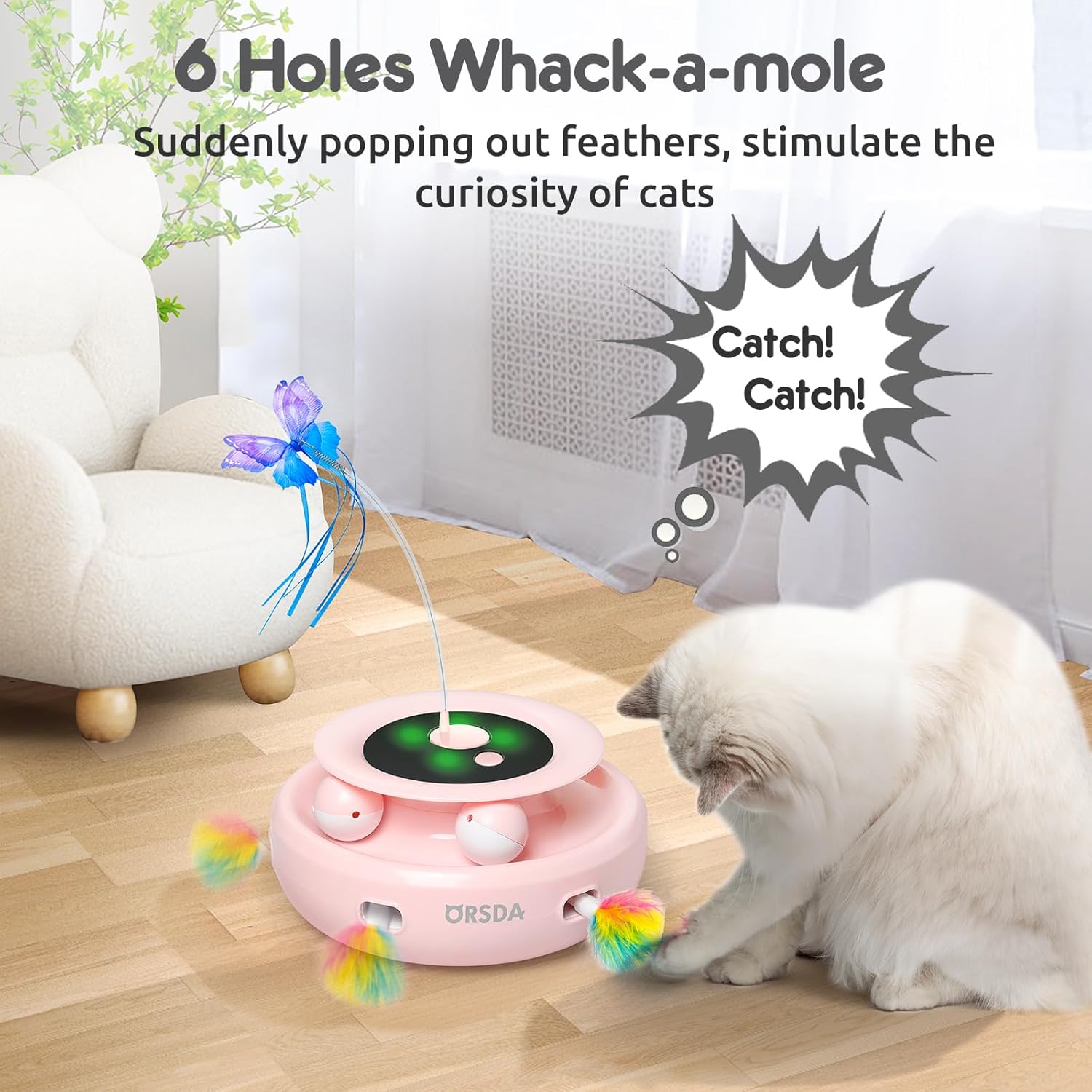 ORSDA Cat Toy, 3-in-1 Automatic Interactive Electronic Moving Ambush Feather, Fluttering Butterfly, Track Balls, USB Rechargeable Powered Smart Indoor Exercise Kicker