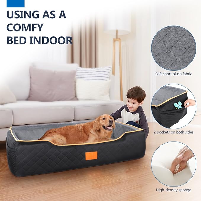 Large Dog Car Seat for Dods Under 100 Lbs, Memory Foam Dog Car Bed for Backseat & Trunk, Detachable and Washable Cover, Pet Travel Seat with Storage Pockets, 2 Safety Belts