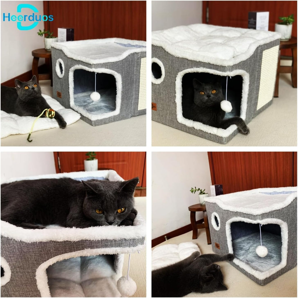 Cat Bed for Indoor Cats,Covered Cat Cave House & Furniture with Scratch Pad,Foldable Cat Hideaway Hut Cute Cat Condo with Soft Washable Mat for Multi Small Pet Under 30 lbs,Dark Grey