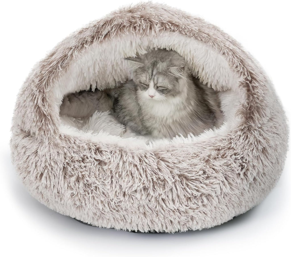 CATISM Plush Hooded Cat Bed, Calming Nest, Self-Warming Cave, Cozy Pod for Indoor Cats or Small Dogs, Removable Washable Cove With Non-Slip Bottom