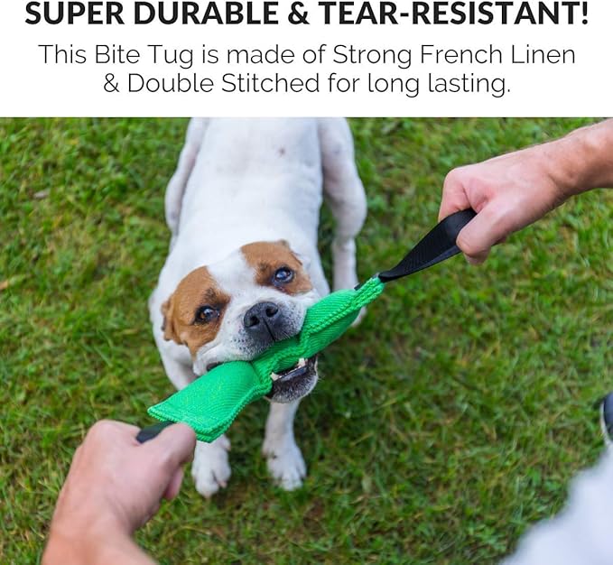 Bull Fit K9 Dog Bite Tug Toy with 2 Strong Handles - Made of Durable & Tear-Resistant French Linen - Perfect for Tug of War, Fetch & Puppy Training - Ideal for Medium to Large Breeds