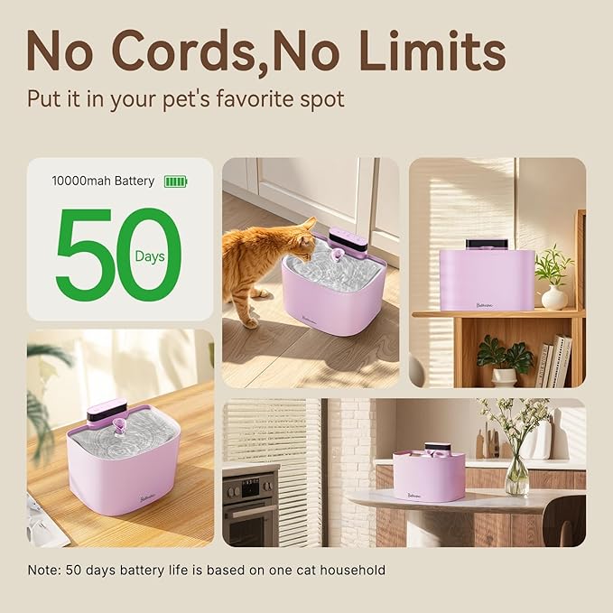 Cat Water Fountain, App Control Wireless Cat Fountain, 122oz/3.6L Pumpless Water Fountains for Cats Indoor with Stainless Steel Tray, Wi-Fi Dog and Pet Water Fountain (Pink, Fountain+8 Fliters)