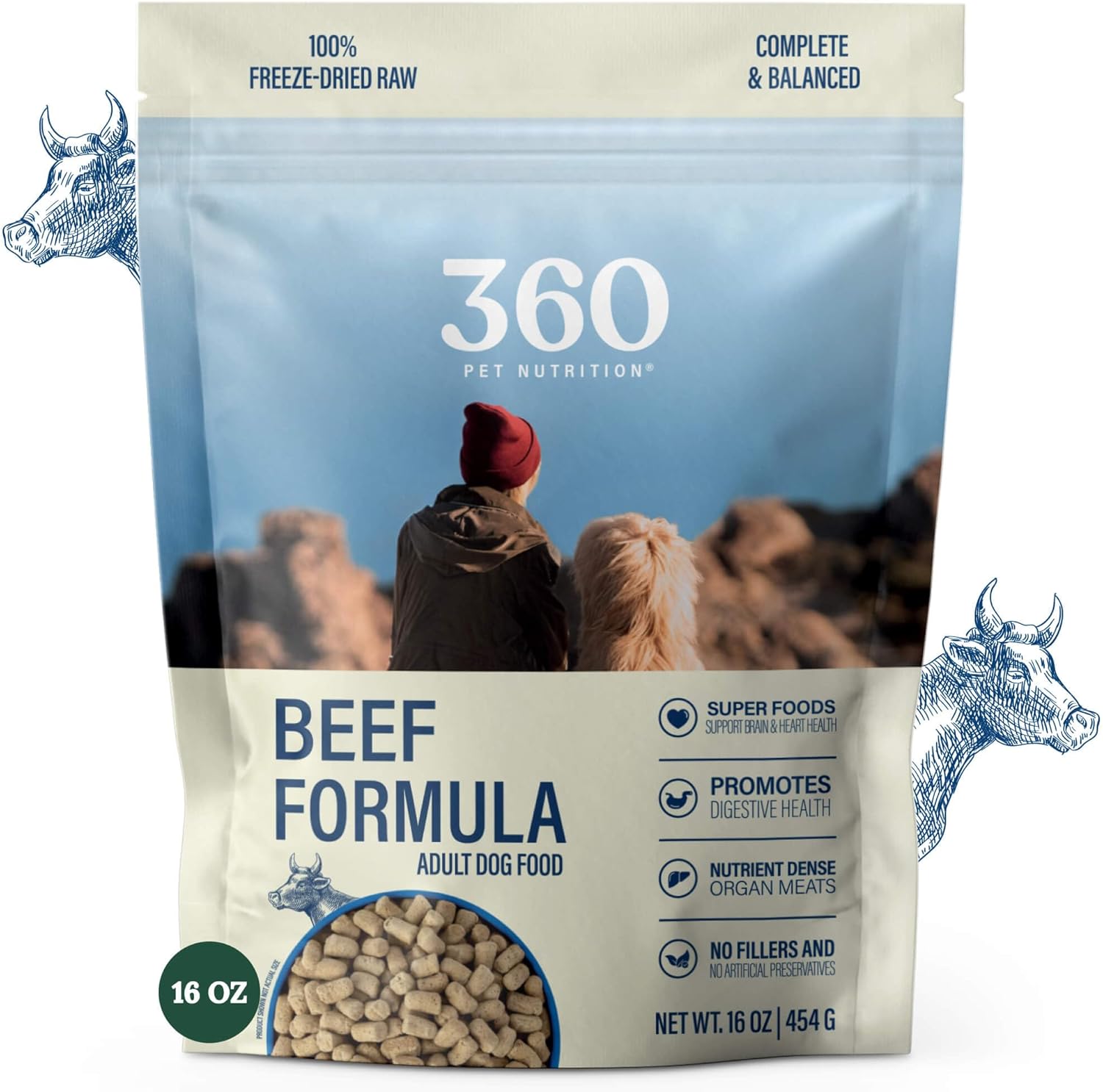 360 Pet Nutrition Freeze-Dried Raw Dog Food – Beef Recipe with Liver & Organs, High Protein with Omega-3s, Fruits, Veggies & Superfoods, Grain-Free, No Fillers, 1 lb – Made in USA