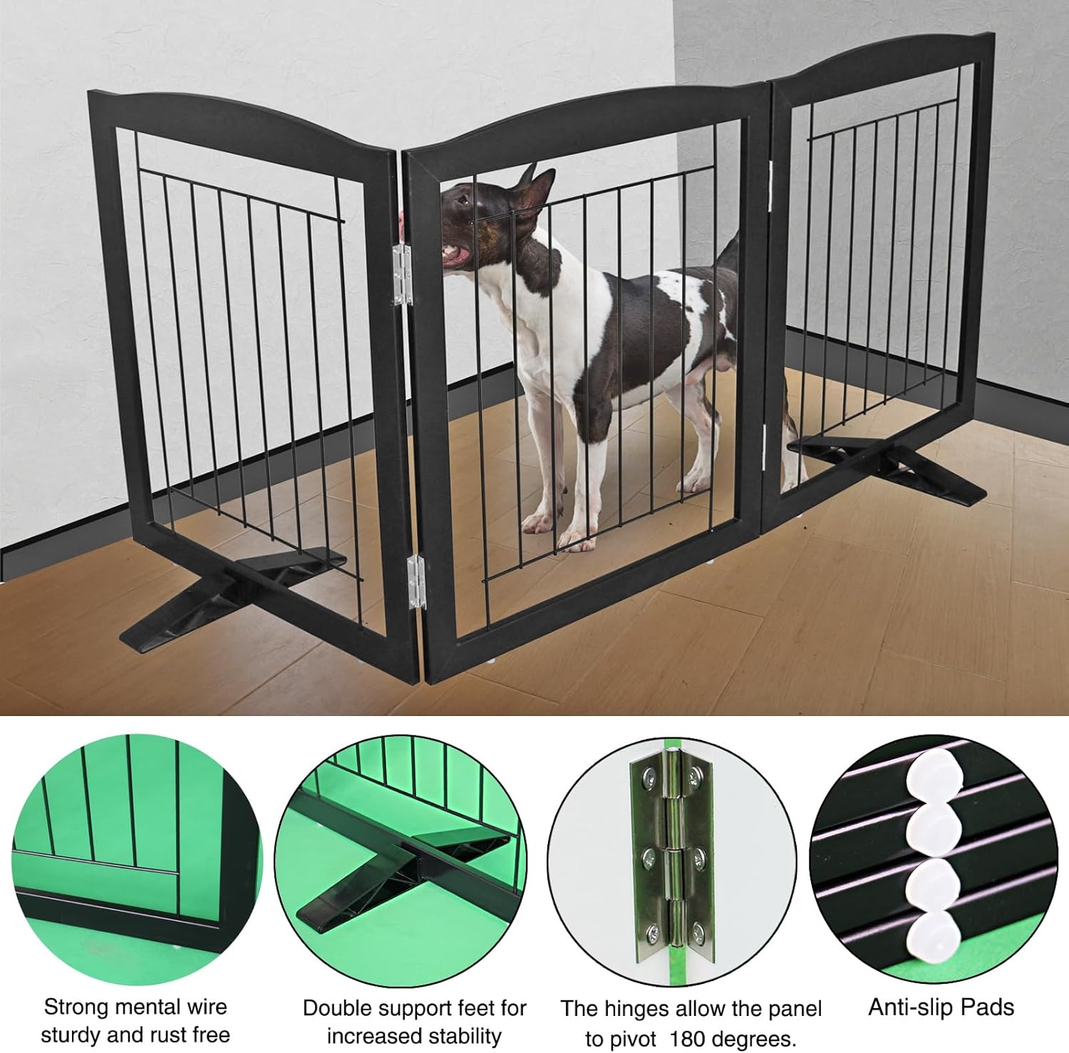 ZJSF Freestanding Dog Fence Indoor, Foldable Dog Gate for Doorways, Stairs or Hallways, Sturdy Wood Extra Wide Pet Gate with Support Feet for The House, Black, 32 "Height-3 Panels