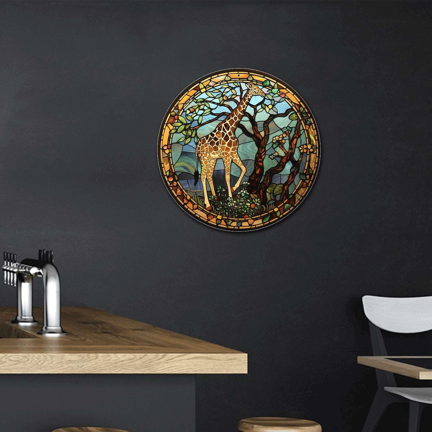Lygond Metal Sign Tin Sign Circular Stained Glass Giraffe Bathroom Signs for Home for Gift 12×12 Inches