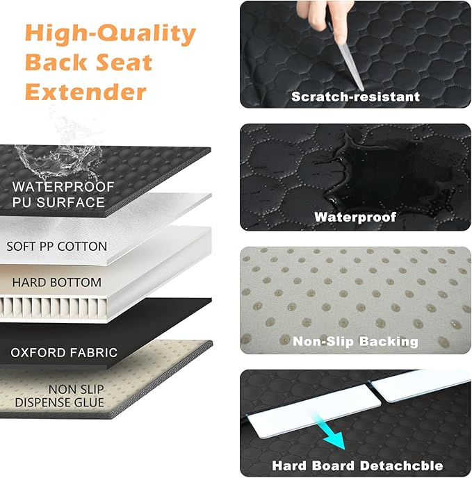 Dog Car Seat Cover, Hard Bottom Back Seat Extender for Dogs, Non-Slip Reat Seat Protector with Mesh Window & Side Flap, Dog Hammock for Car, SUV, Small Trucks