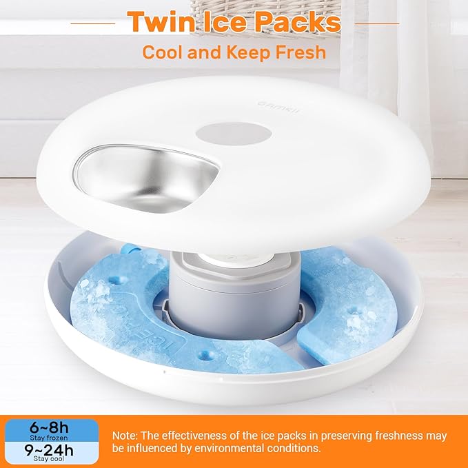 Automatic Cat Feeder for Wet Food, Stainless Steel Tray 6 Meals Dispenser with 2 Ice Packs, Programmable Timer, Rechargeable Cordless Auto Pet Feeder for Cats Small Dogs