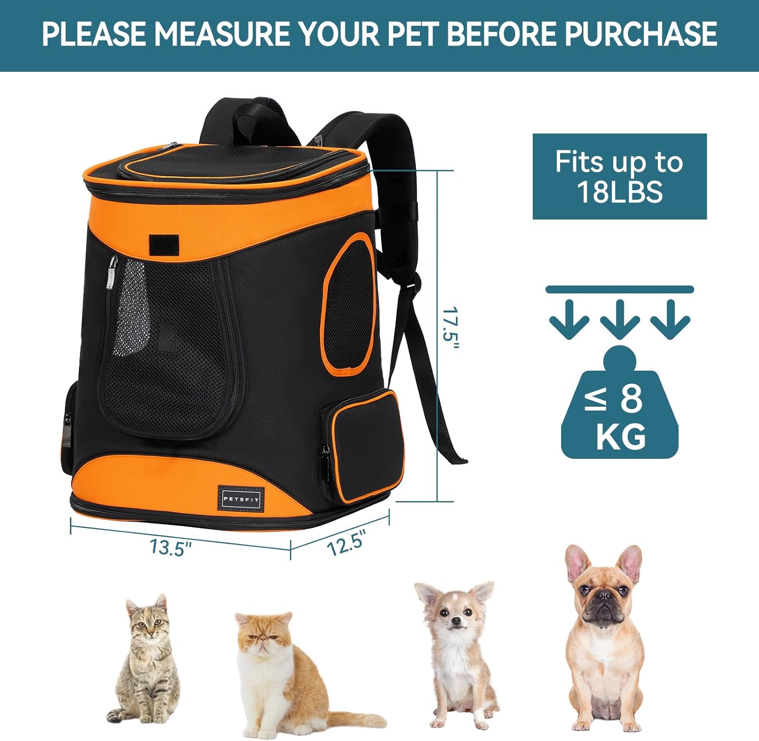 Petsfit Dog Backpack Carrier with Upgrade Waist Cushion Design to Better Fit The Waist, Suitable for Small and Medium Dogs Cats, and Rabbits up to 18 Pounds