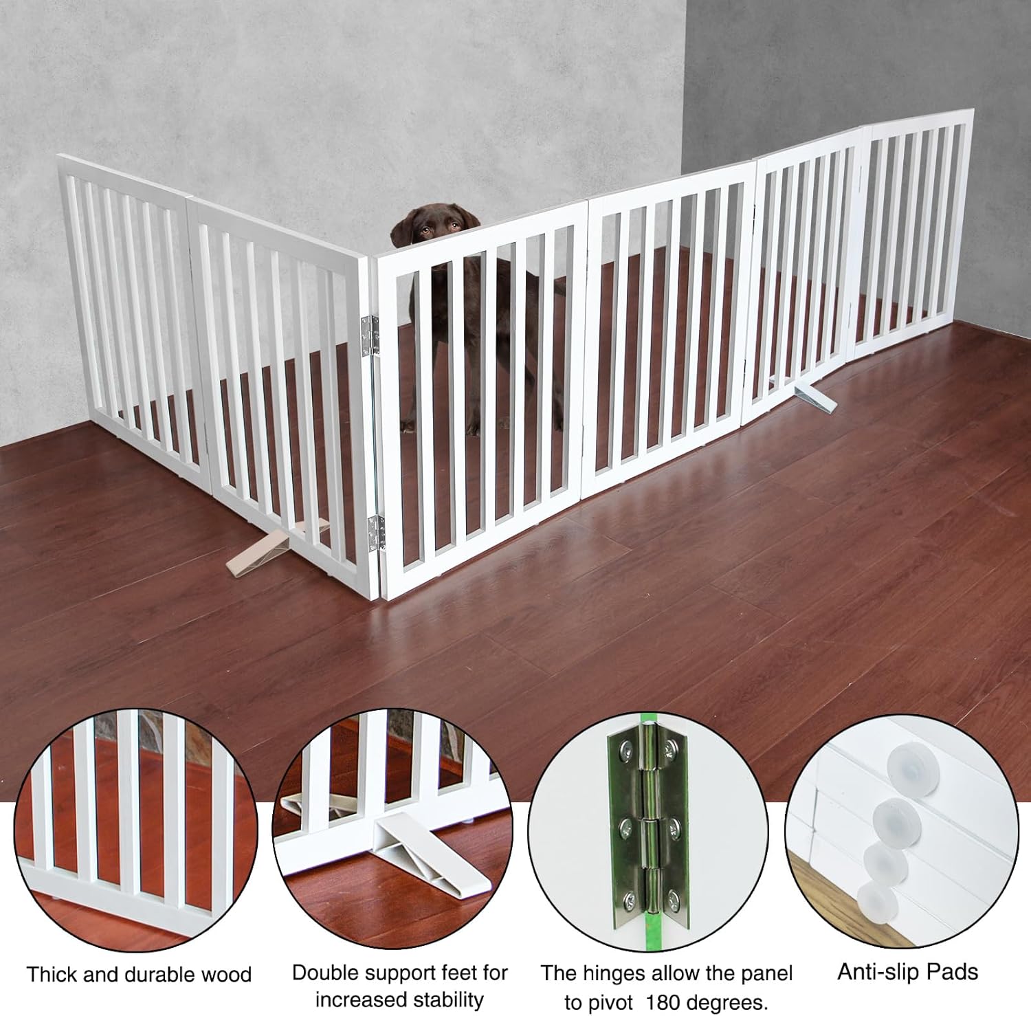 ZJSF Freestanding Indoor Dog Gate for House Foldable Wood White Puppy Gate for Doorways Pet Gate for Stairs Extra Wide Pet Fence 24" Height 6 Panels