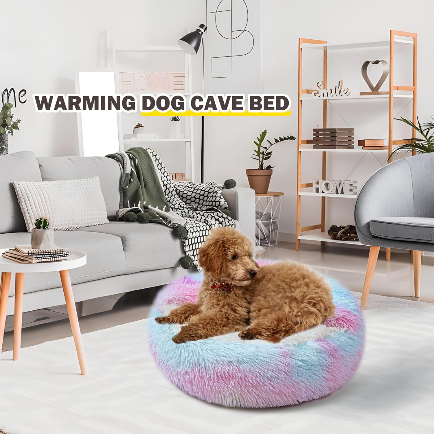 Cat Bed for Indoor Cats, Calming Cozy Cave with Self-Warming Plush, Entire Bed Machine Washable & Anti-Slip Base, Breathable Pet Bed for Small Cats&Dogs All Seasons (Dazzling Colors, 24 * 24inch)