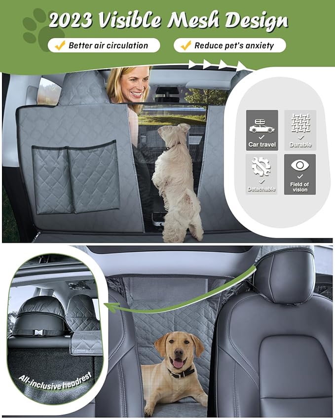Dog Seat Covers for Tesla Model Y/3 2017-2025 (Fits Model Y Juniper 2026/Model 3 Highland) Car Hammock for Tesla with Pockets Waterproof Pets Accessories with Mesh Window & Headrest Protector Green