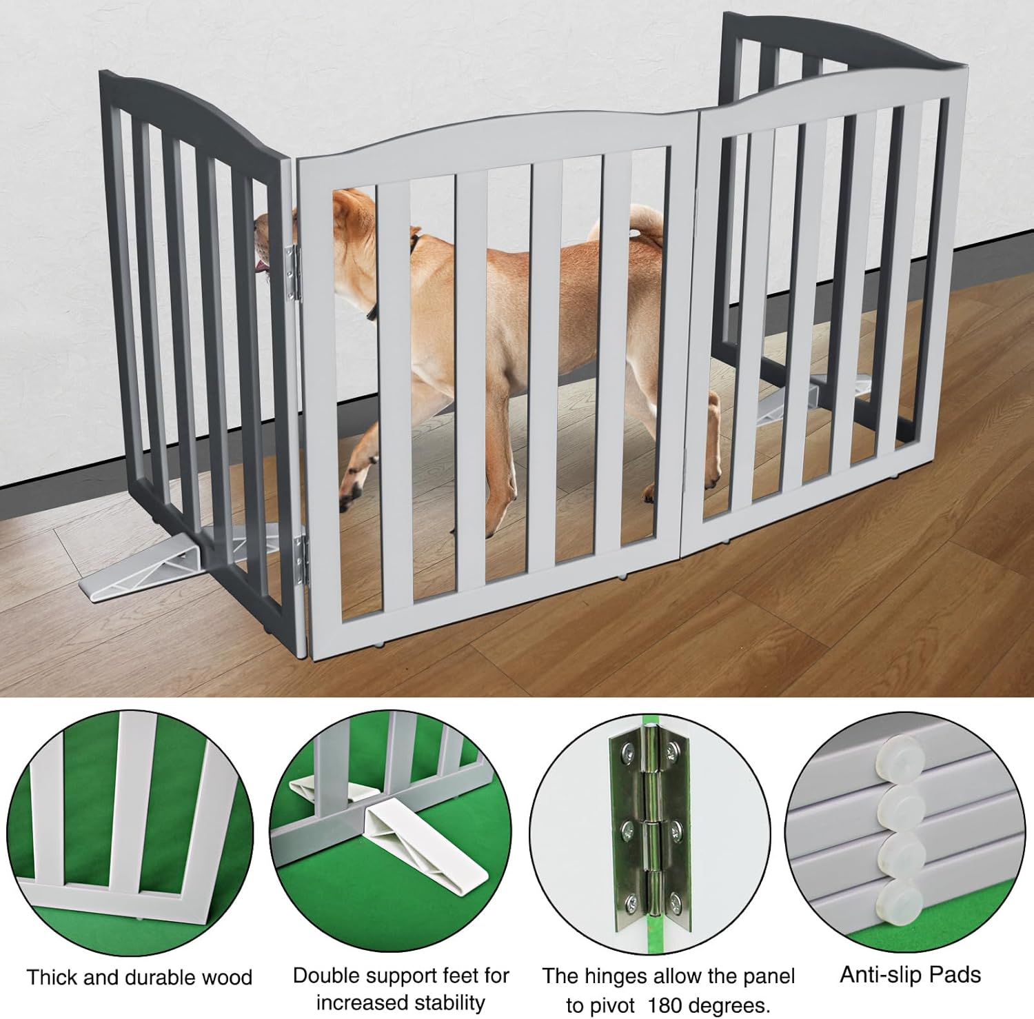 ZJSF Foldable Freestanding Indoor Dog Gate for House Wood Long Pet Gates Dog Fence for Stairs Puppy Gates for Hallways, Puppy Gate,Support Feet Included, Grey, 32 "Height-4 Panels