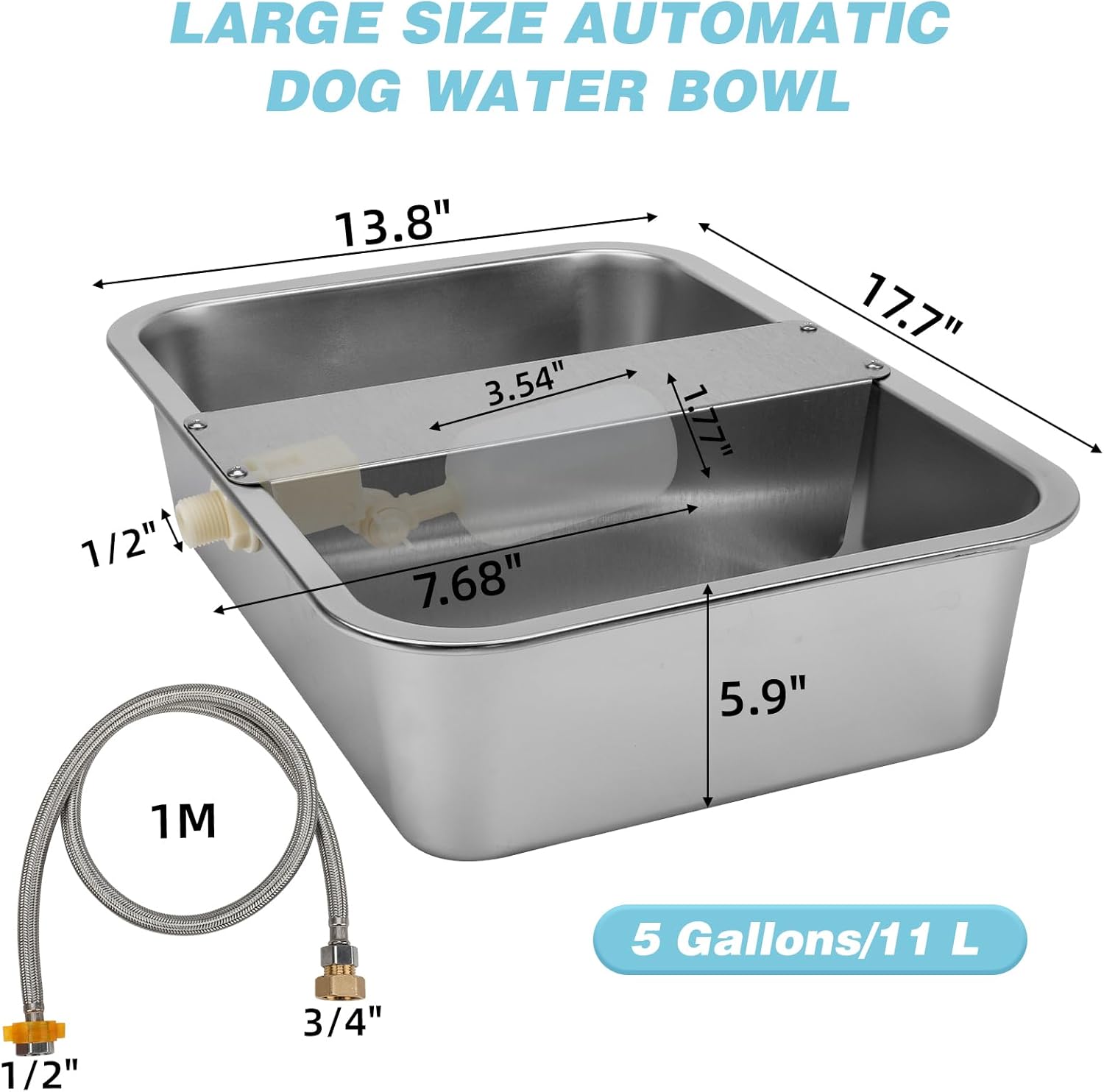 5 Gallon Automatic Dog Water Dispenser, Large Dog Water Bowl Dispenser for Outdoor, Stainless Steel Pet Bowl for Waterer Auto Fill Pet Waterer for Livestock Dogs Cats Chicken Fit 3/4'' GHT Faucet