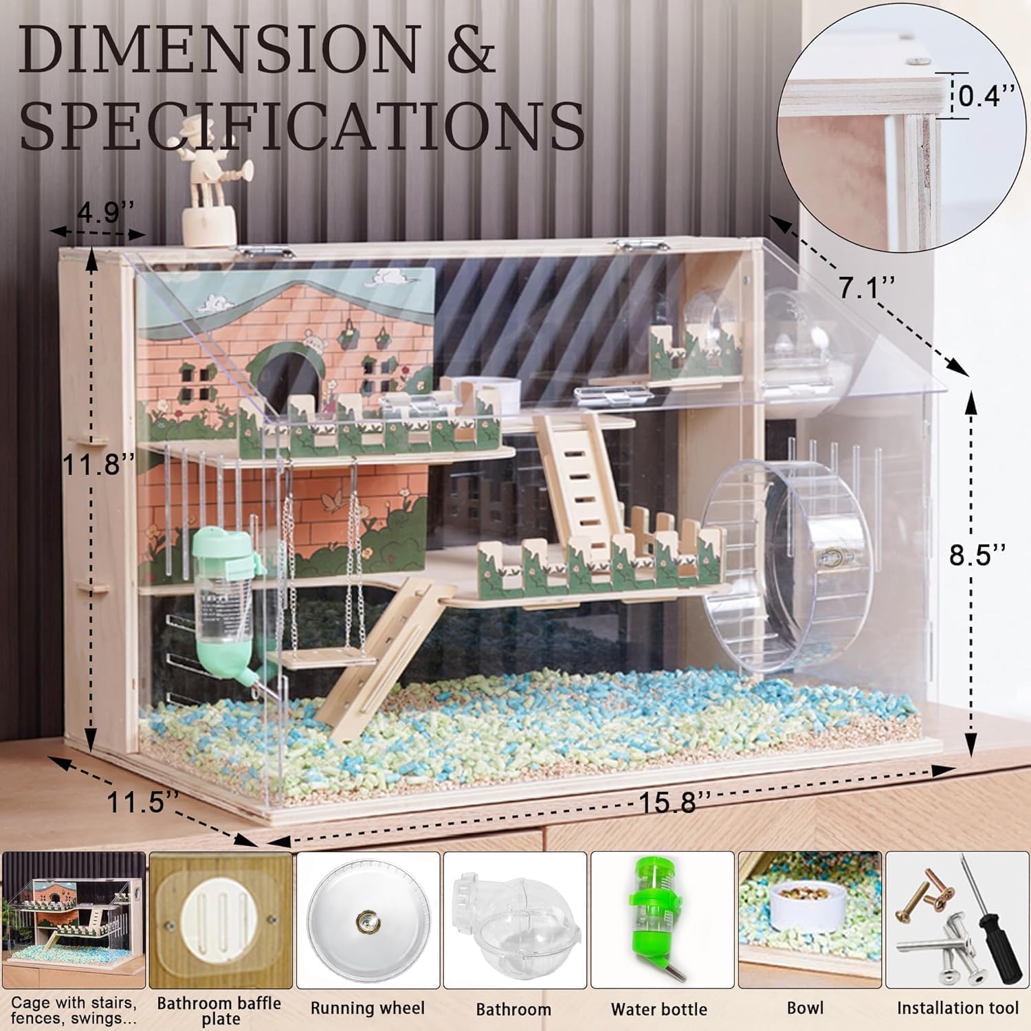 11 in 1 Wooden Hamster Cage with All Accessories, 15.8 Inch 3-Layer Dwarf Hamster Cage Acrylic,Small Animal Cages, Pastoral Style Mouse Cage for Pet Mice, Hedgehog, with Stairs, Fences and Swing