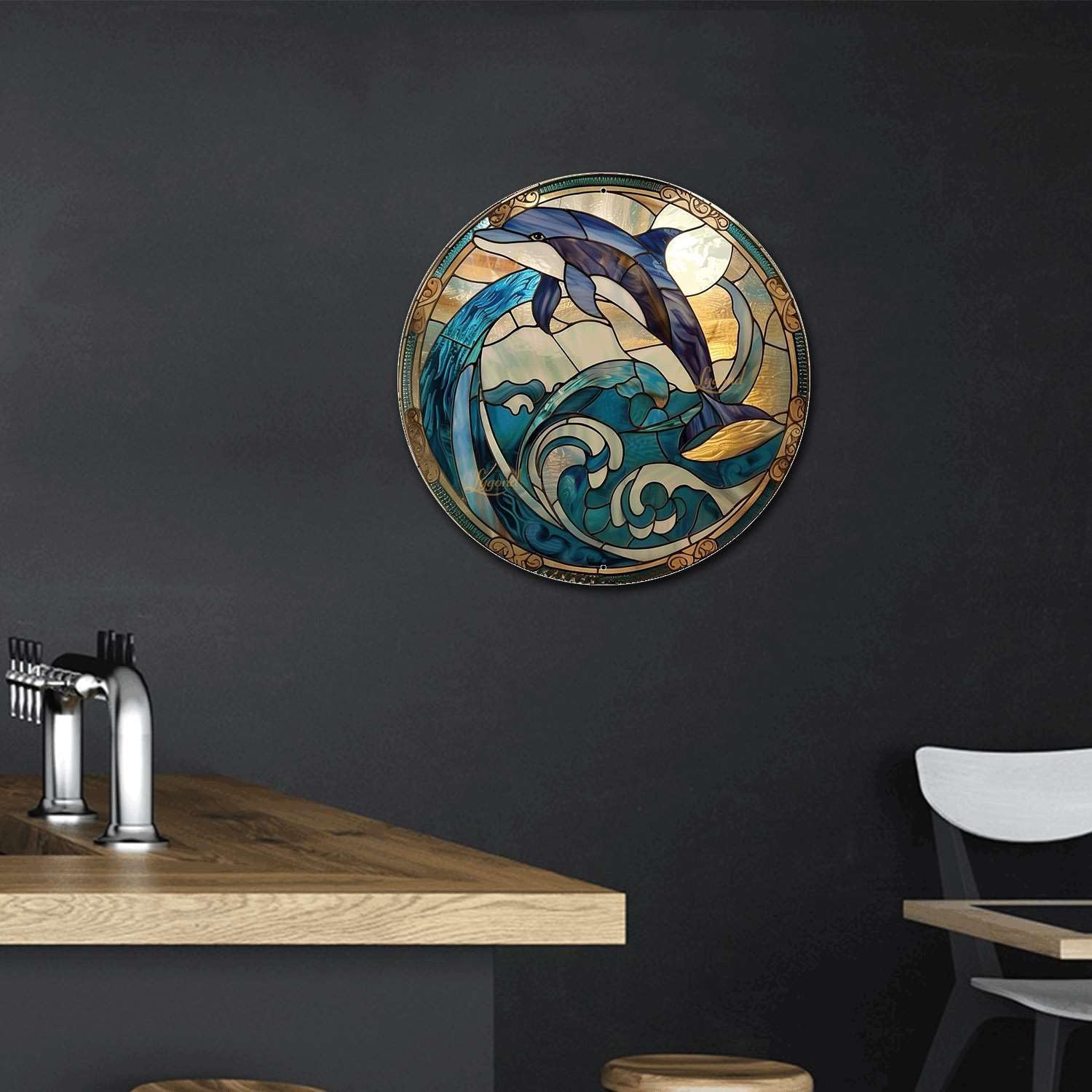 Lygond Metal Sign Tin Sign Circular Stained Glass Dolphin Wall Art for Restaurant 8×8 Inches