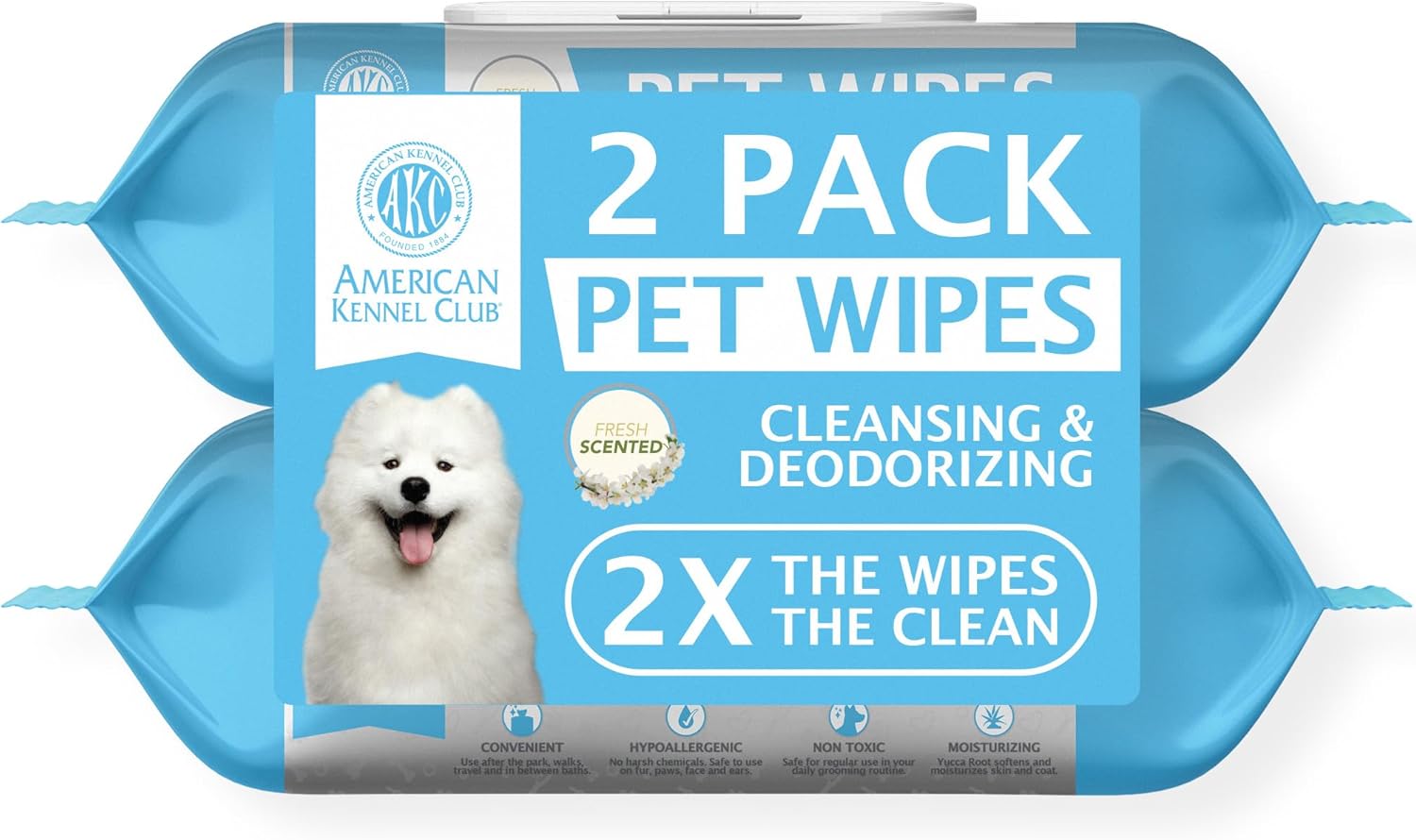AKC Pet Wipes for Dogs & Cats – Hypoallergenic, Alcohol-Free Wipes for Paws, Face, Ears & Coat – Thick, Gentle Cleaning with Natural Aloe – Available in Lavender, Fresh & Oatmeal Scents