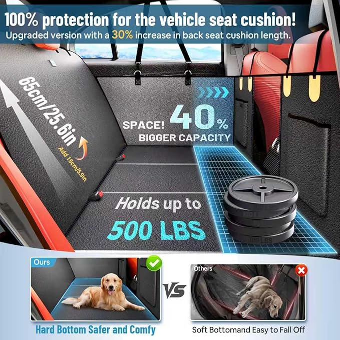 2025 Upgraded Dog Car Seat Cover for Back Seat with Hard Bottom Car Seat Cover for Dogs, Waterproof Pet Seat Protector, Non-Slip Scratch-Resistant Surface, Supports 500lbs, Easy to Clean and Install