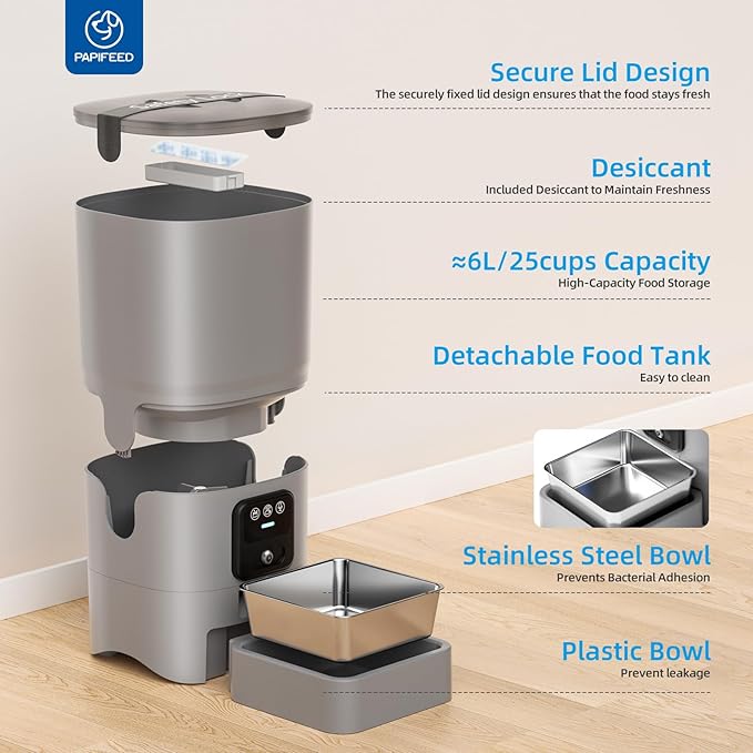 PAPIFEED Automatic Cat Feeder with Wide-Angle Camera, WiFi Pet Feeder with APP Control for Remote Feeding, Detachable for Easy Clean, Dual Power Supply,1-10 Meals Per Day for Multiple Pets(Gray)