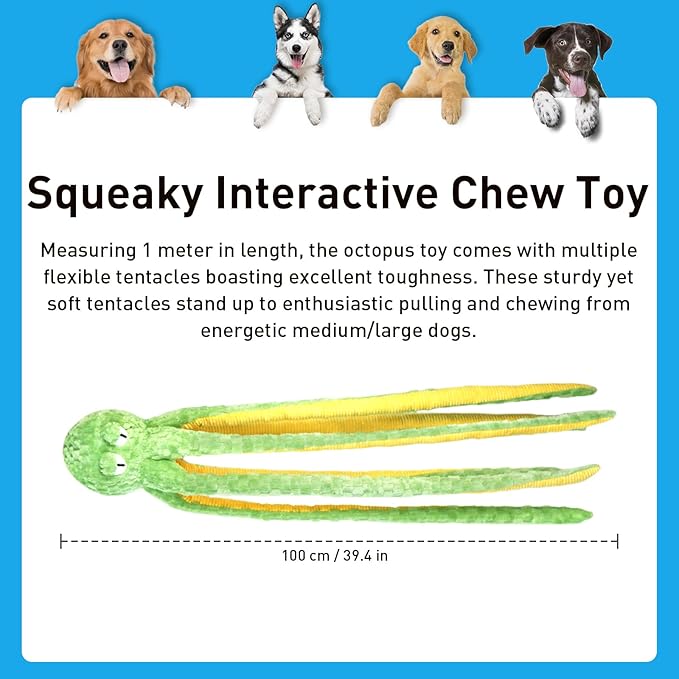1M Long Giant Octopus Tough Dog Toy - Squeaky Interactive Tug of War Chew Toy, Boredom Buster for Medium & Large Dogs (Green)