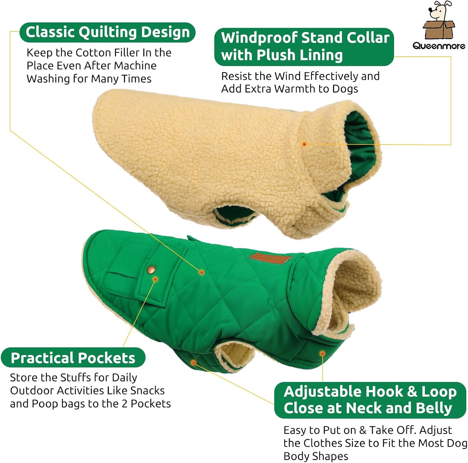 Queenmore Warm Dog Coat, Cold Weather Puffer Dog Coat Vest, Quilting Winter Pet Jacket Ultra Thick Plush Fleece Lining Pet Clothes for Dogs with Storage Pockets (Forest Green,X-Large)