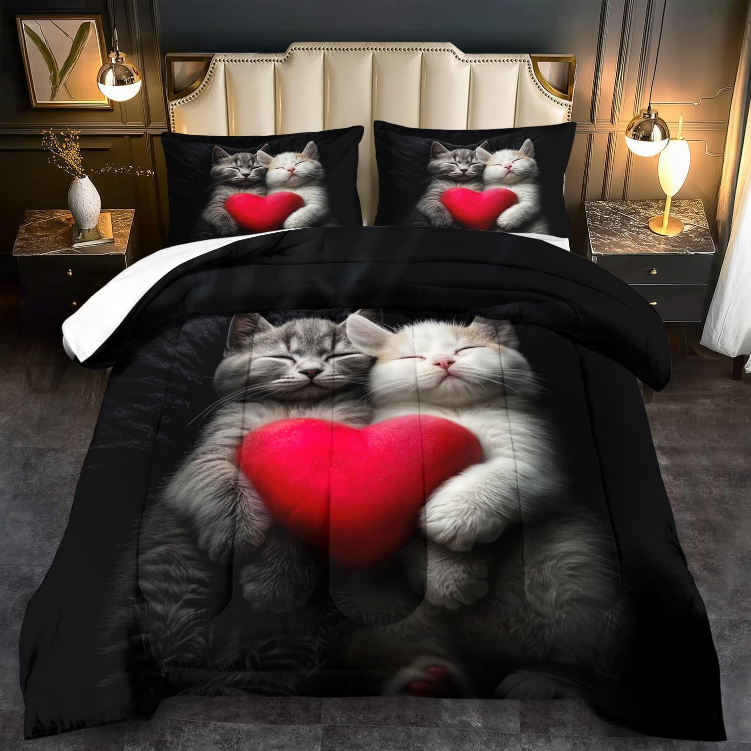 Cute Cat Comforter Set Twin,Kawaii Cat Bedding Set for Girls,Cute Animal Comforter Red Love Heart Bedding Decor,Kawaii Farm Animal Quilt Patterns Kids and Adults