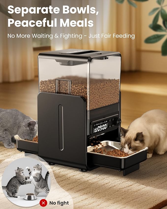 Automatic Cat Feeder for 2 Cats, 5L/20 Cups Food Dispenser with Adjustable Raised Double Bowls, Detachable Control Panel, Timed Cat and Dogs Feeder for Dry Food, Dual Power Supply