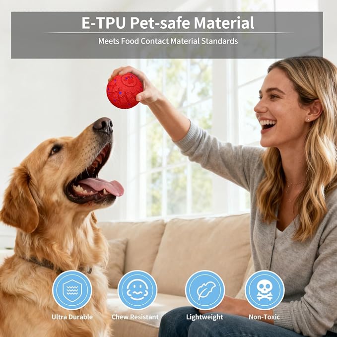 Interactive Dog Toys Dog Ball, Durable Motion Pet Toys for/Small/Medium/Large Dogs, Christmas Birthday Gifts, Automatic Moving, Bouncing and Rotating, E-TPU Material, IP54 Waterproof (Red)