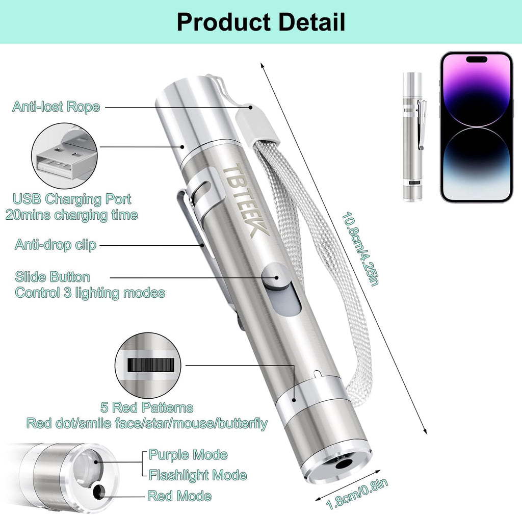 TBTeek Cat Toys, USB Rechargeable Kitten Toy, 3 Light Modes & 5 Adjustable Patterns, Portable Interactive Pet Dog Cat Mouse Toy for Fun Chase Play Exercise