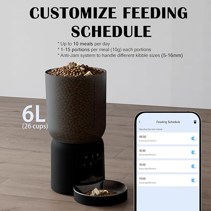 Automatic Cat Feeder with 2K Camera: Cat Food Dispenser with 6L Capacity, Container for Multiple Pet; Automatic Dog Feeder with Night Vision Support 5/2.4GHz & 2-Way Audio, Anti-Jam Design (Black)