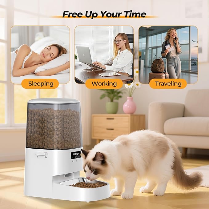Automatic Cat Feeder with App Control, 5L Food Dispenser for Cats and Small Dogs, 2.4/5G Wi-Fi, Dual Power, Programmable Portions, Anti-Jam & Fresh-Lock, Stainless Steel Bowl, Easy to Clean