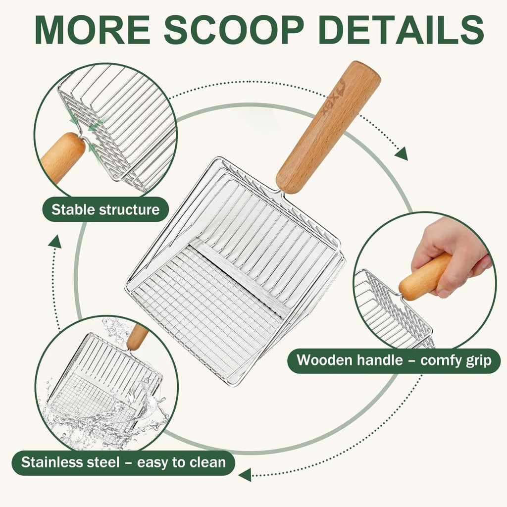 XBX Cat Litter Scoop with Holder, Heavy Duty Litter Sifter, Stainless Steel Litter Shovel, Litter Scooper with Beech Wood Grip and Washable Stand, Perfect for Cat Litter Box Cleaning