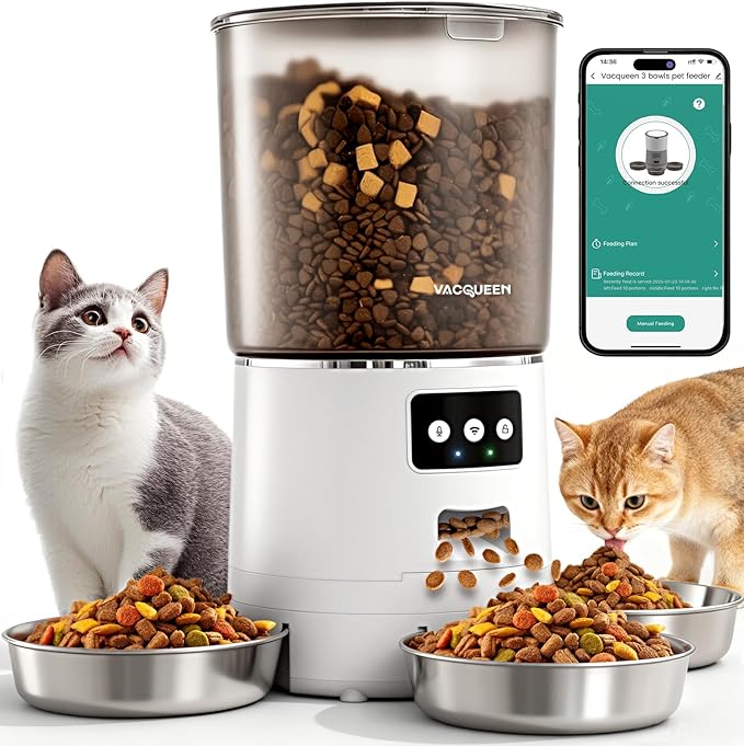Automatic Cat Feeder for 3 Cats, 6L/25 Cups Smart WiFi Pet Feeder, Strong Anti-Jam System, Dual-Effect Desiccant Cat Food Dispenser, with 10S Voice Recorder for Cats and Small Dog(White)