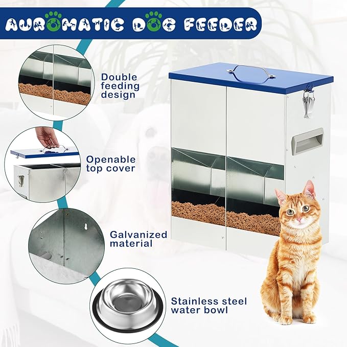Automatic Feeder for 2 Cats Outdoor Galvanized 42cups/10l Double Feeder with 2 Stainless Steel Water Bowls for Small Pets Cats Dogs Outdoor Indoor Dry Food Dispenser